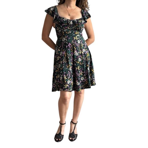 Floral Purple, Black and Green Fit and Flare Lightweight Sun Dress - Picture 1 of 6